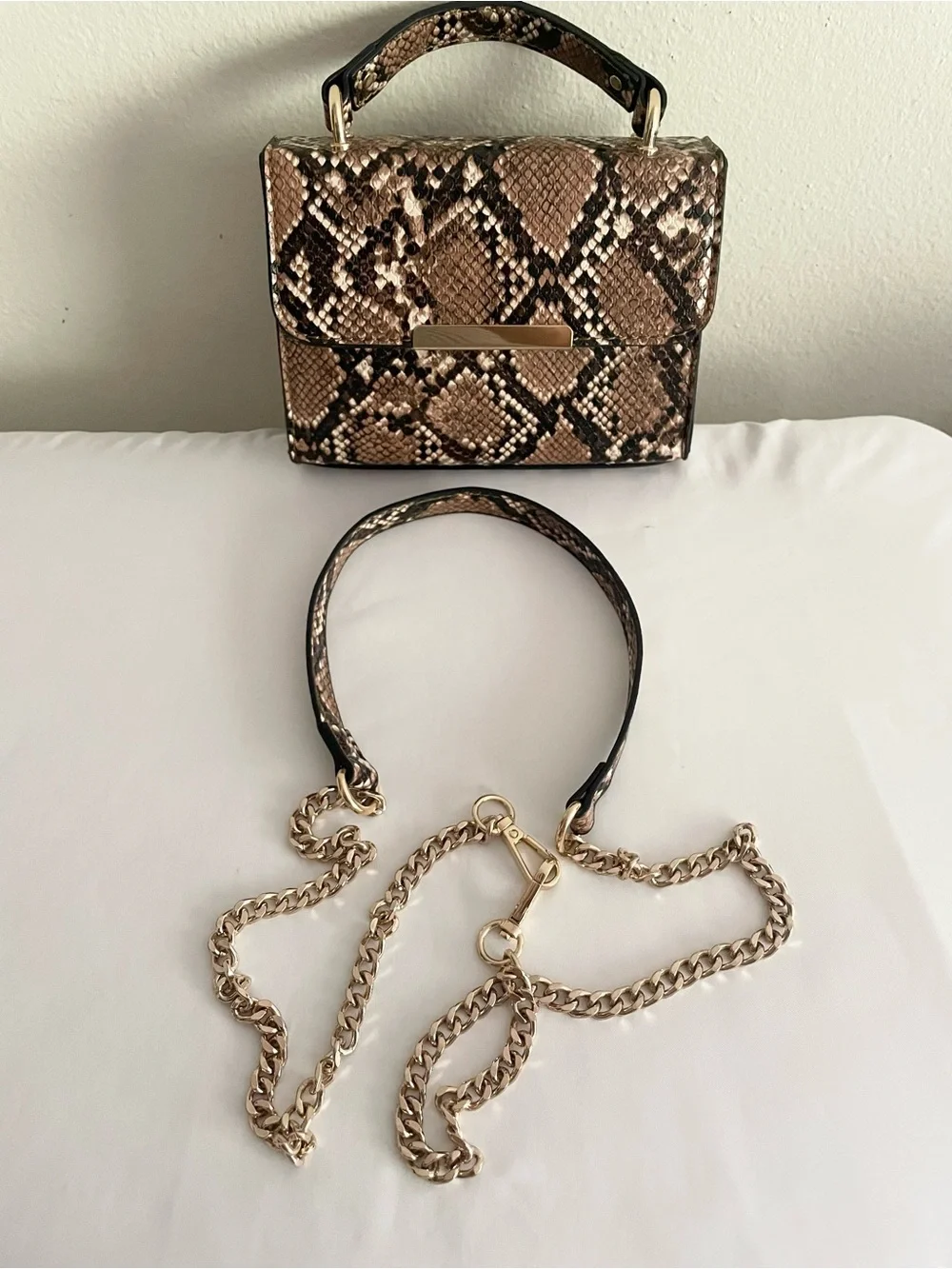 Brown Snake-Print Top Handle Bag
